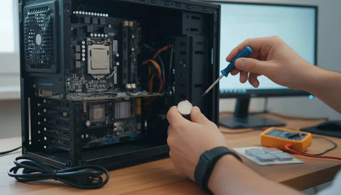 Hænder udskifter CMOS-knapcelle i en åben stationær pc for at få den til at starte normalt.