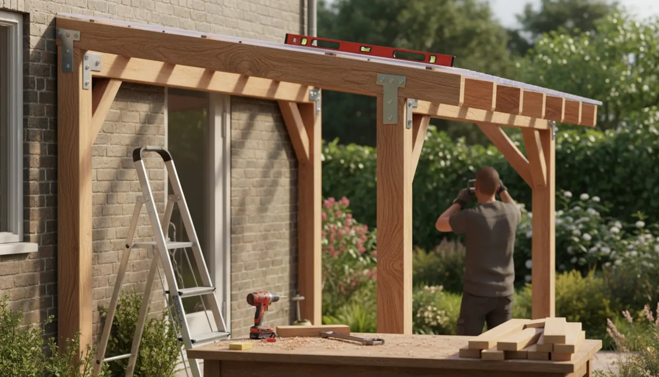 Nyt træhalvtag ved mur, håndværker arbejder med beslag og værktøj.