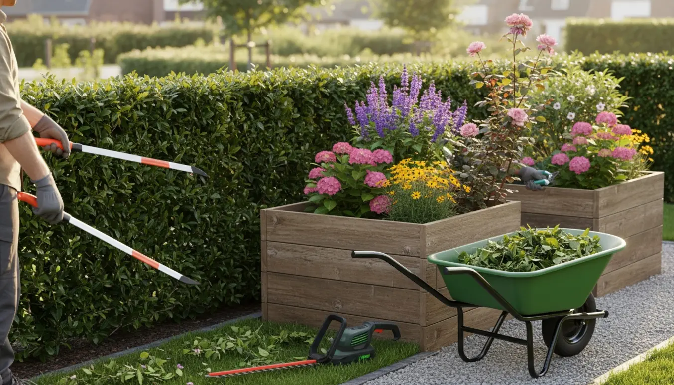 En have med en nyklippet hæk og en person, set bagfra, der klipper planter i højbede.