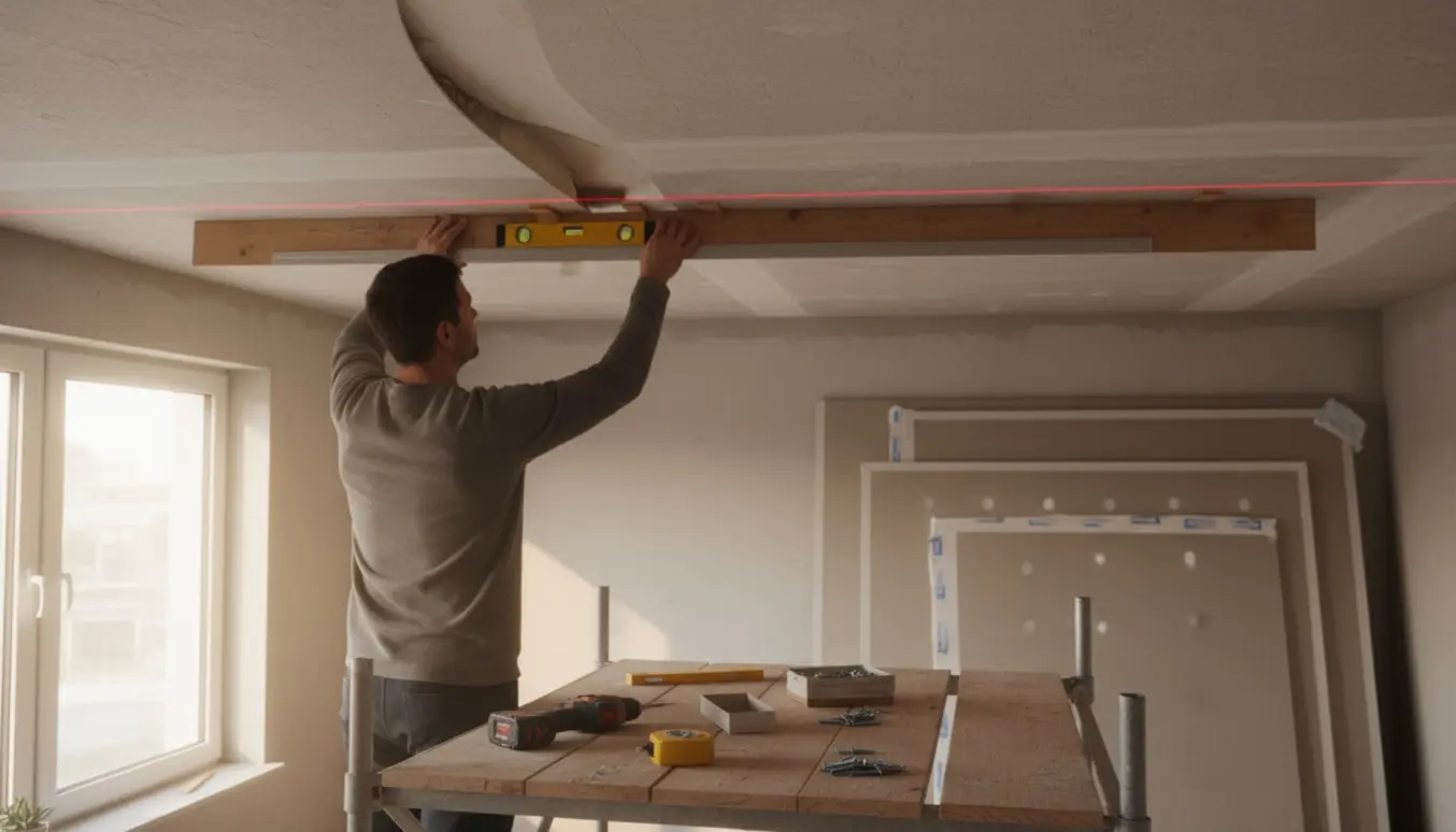Person på stillads retter et sunket loft op med forskalling, shims og vandpas før montering af gips.