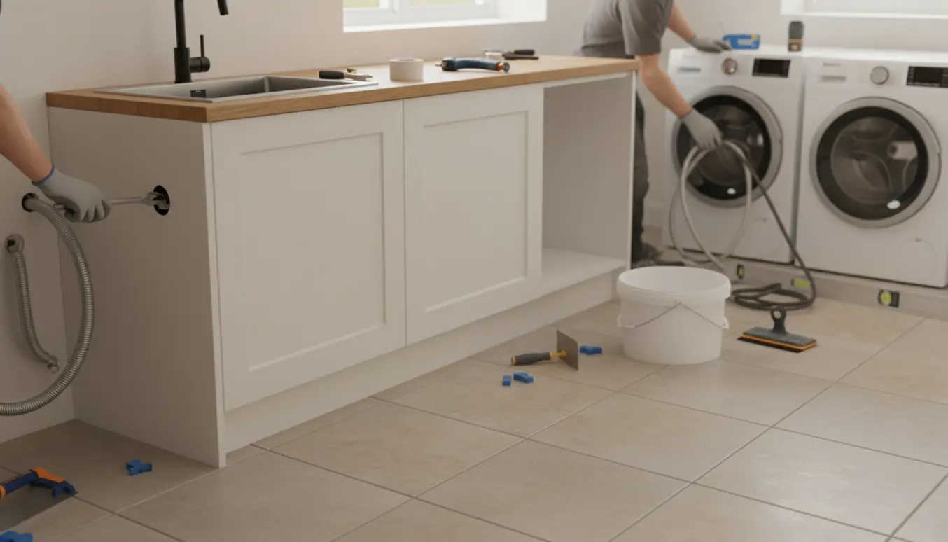 Bryggers under renovering med nyt 60x60 flisegulv, to underskabe med bordplade og vask samt opstillet vaskemaskine og tørretumbler.