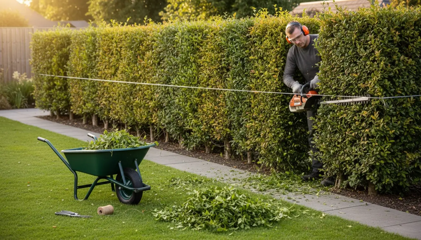 En person klipper toppen af en lang ligusterhæk med en kraftig hækklipper, en snor som højdeguide og en trillebør med afklip.
