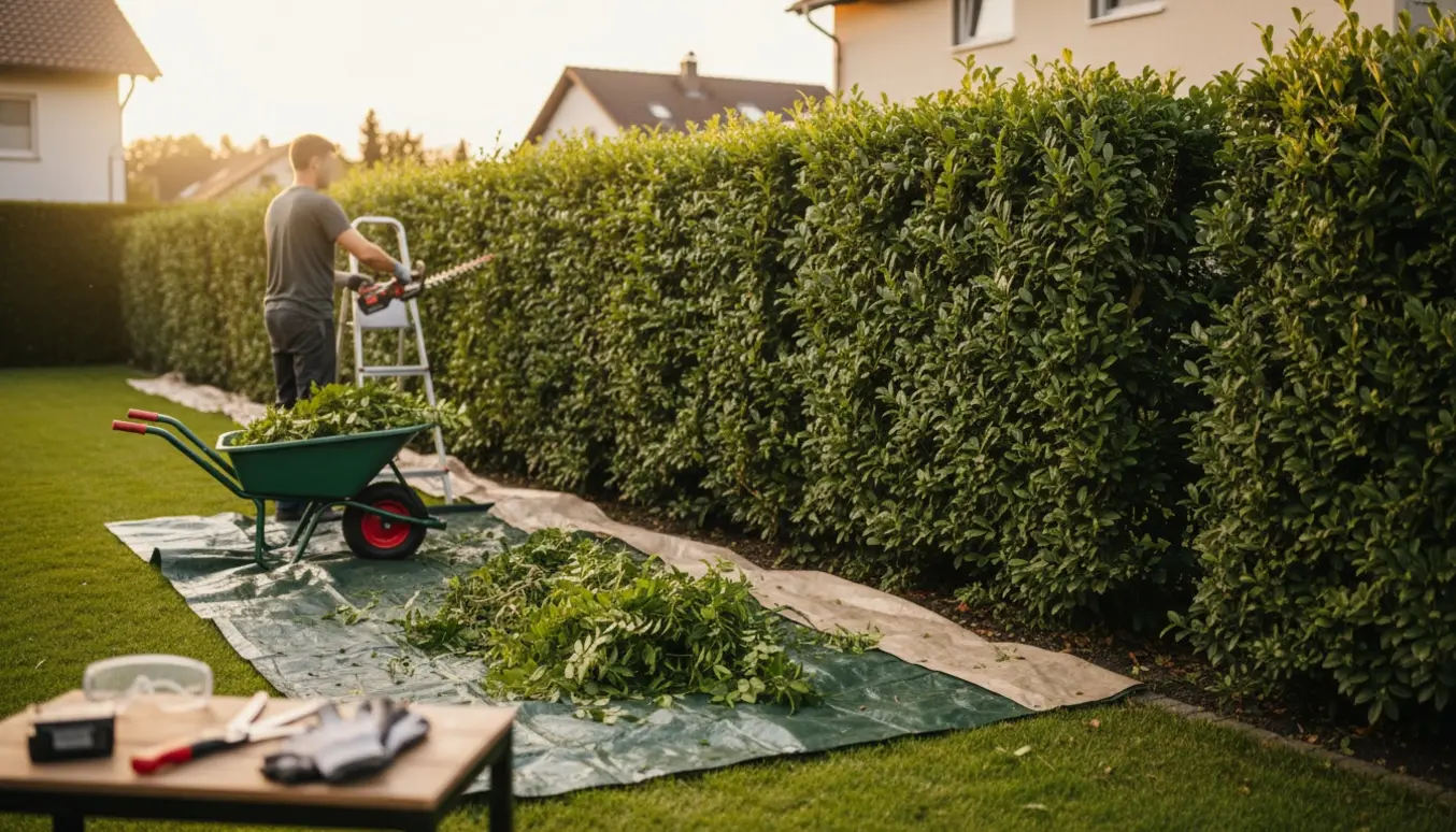 En person beskærer en lang nauerhæk med hækkeklipper, og afklip ligger i en trillebør og på en presenning.