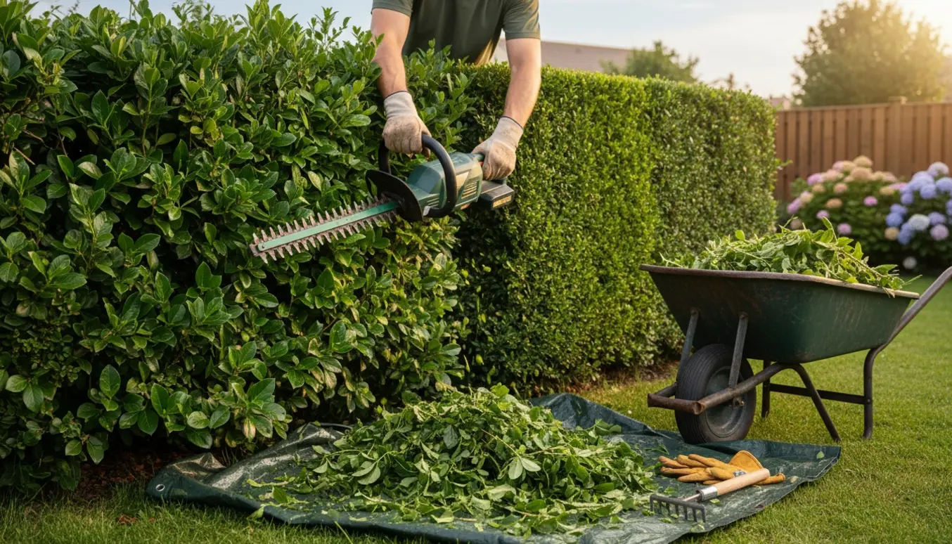En person trimmer en hæk med en hækklipper, mens afklippede grene bliver samlet i en trillebør og på en presenning.