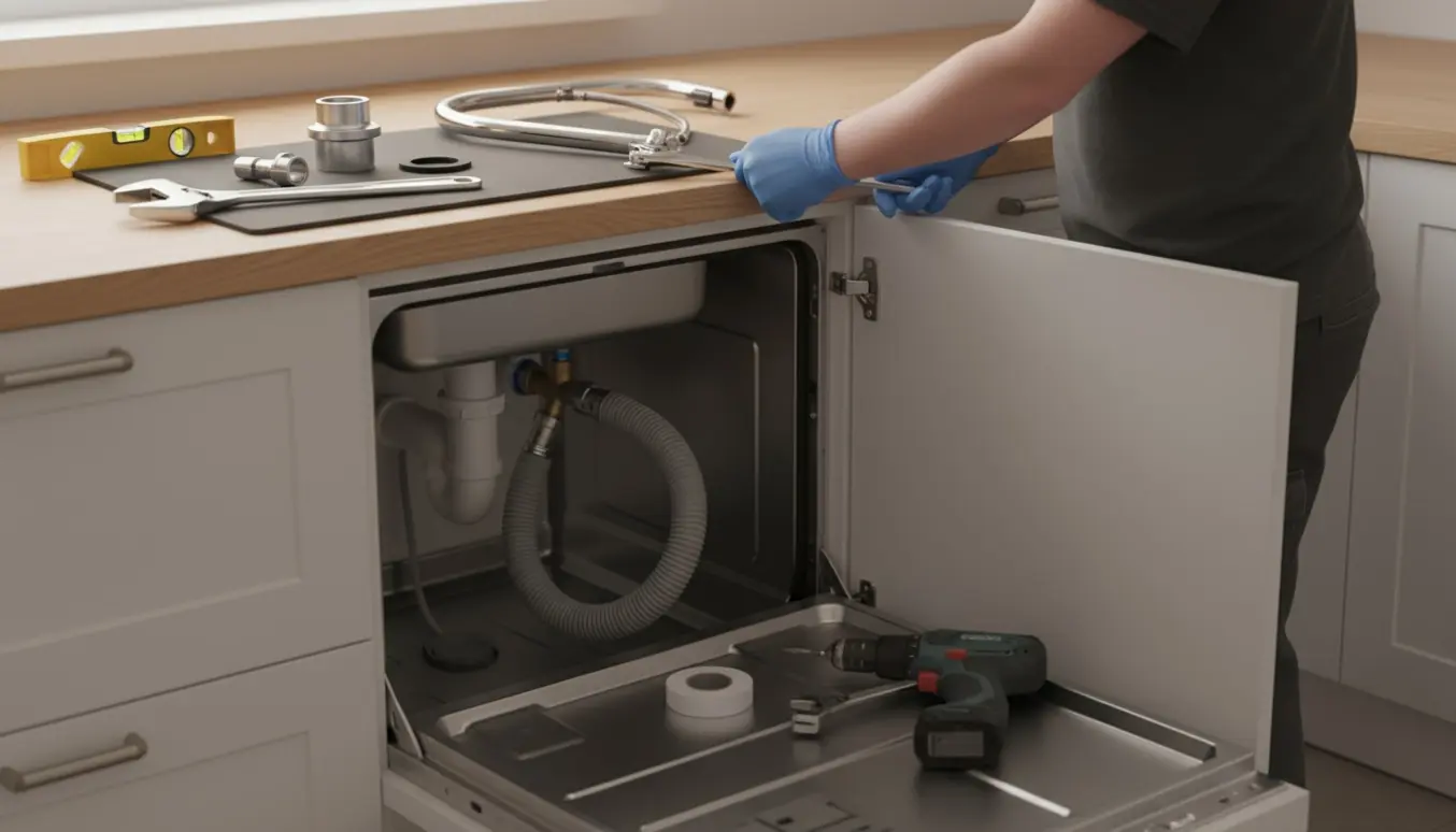 Tekniker tilslutter vand- og afløbsrør ved installation af en opvaskemaskine i et lyst køkken.