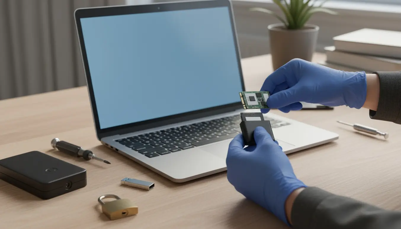 Hænder tager en SSD ud af en bærbar computer ved en USB-adapter med ekstern harddisk og skruetrækker på et lyst træbord.