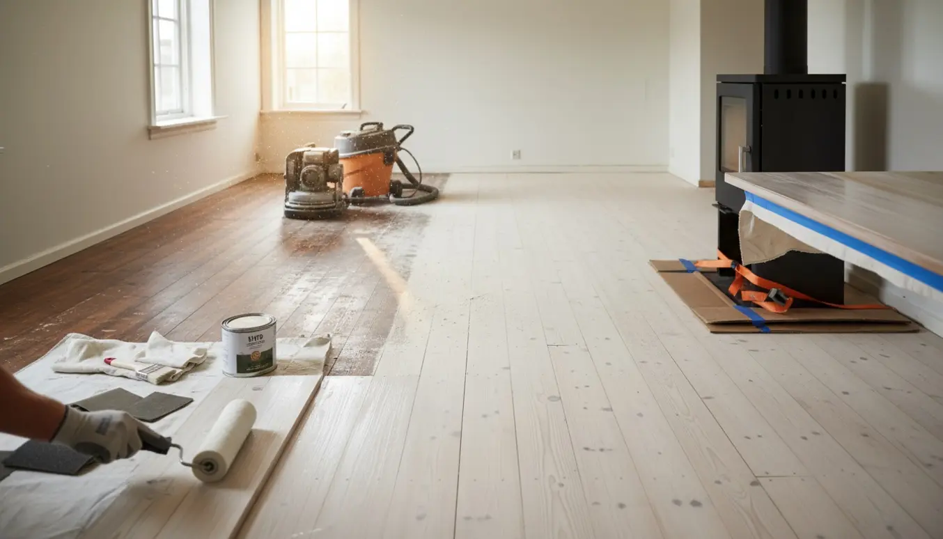 Halvslibet fyrretræsgulv med hvid lud påføres med rulle, værktøj og brændeovn klar til flytning.