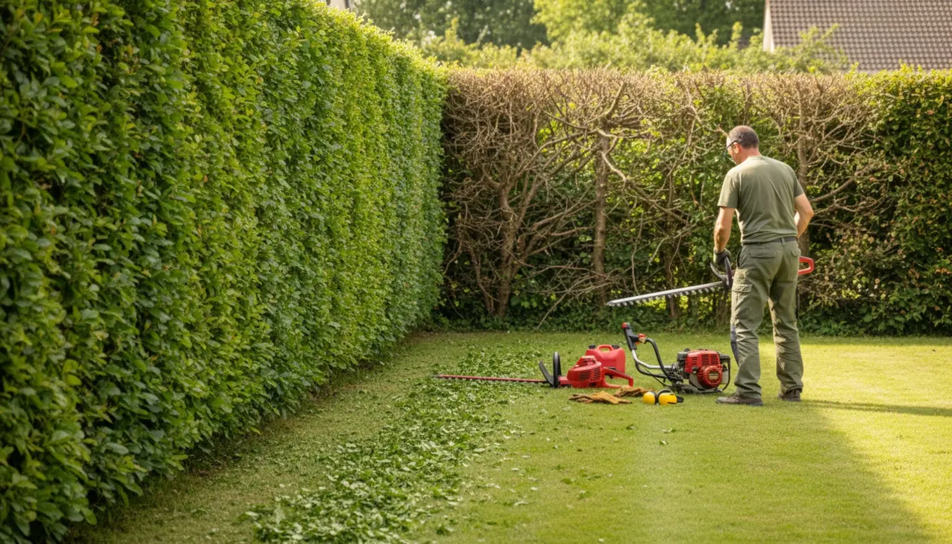Person trimmer en 2 m høj bøgehæk med benzindrevet hækkeklipper, værktøj og friske afklip på græsset.