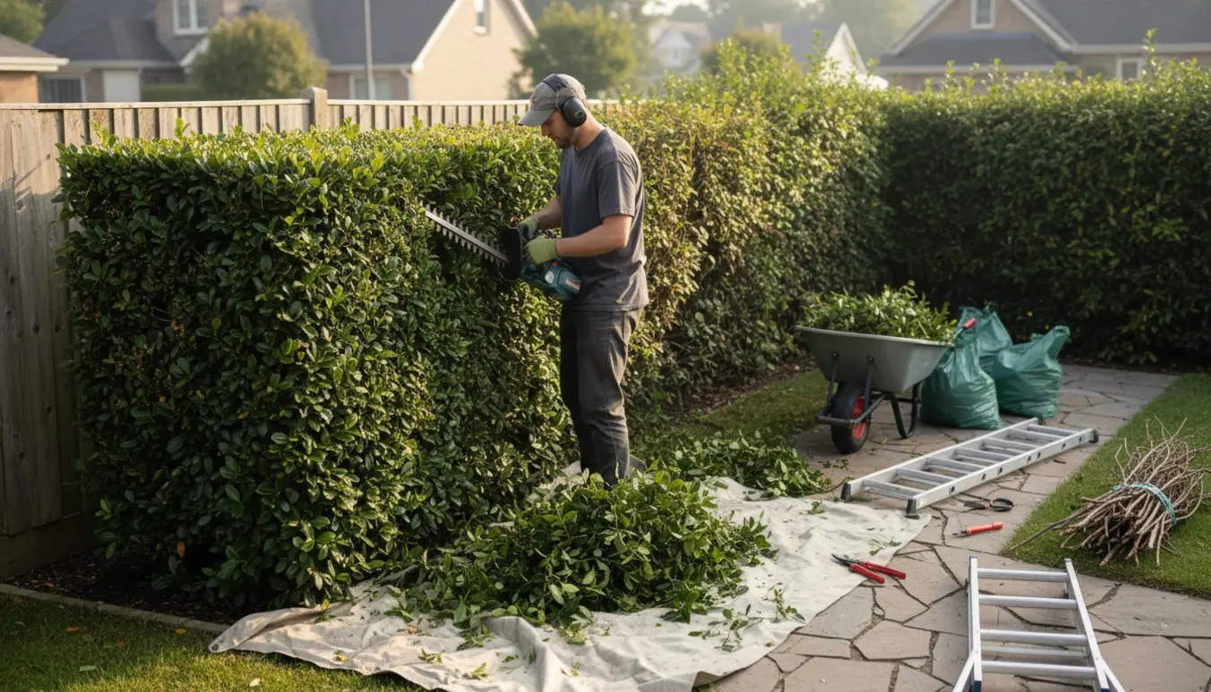 Gartner trimmer en hæk i forhaven med friske klip samlet i sække og en trillebør klar til fjernelse.