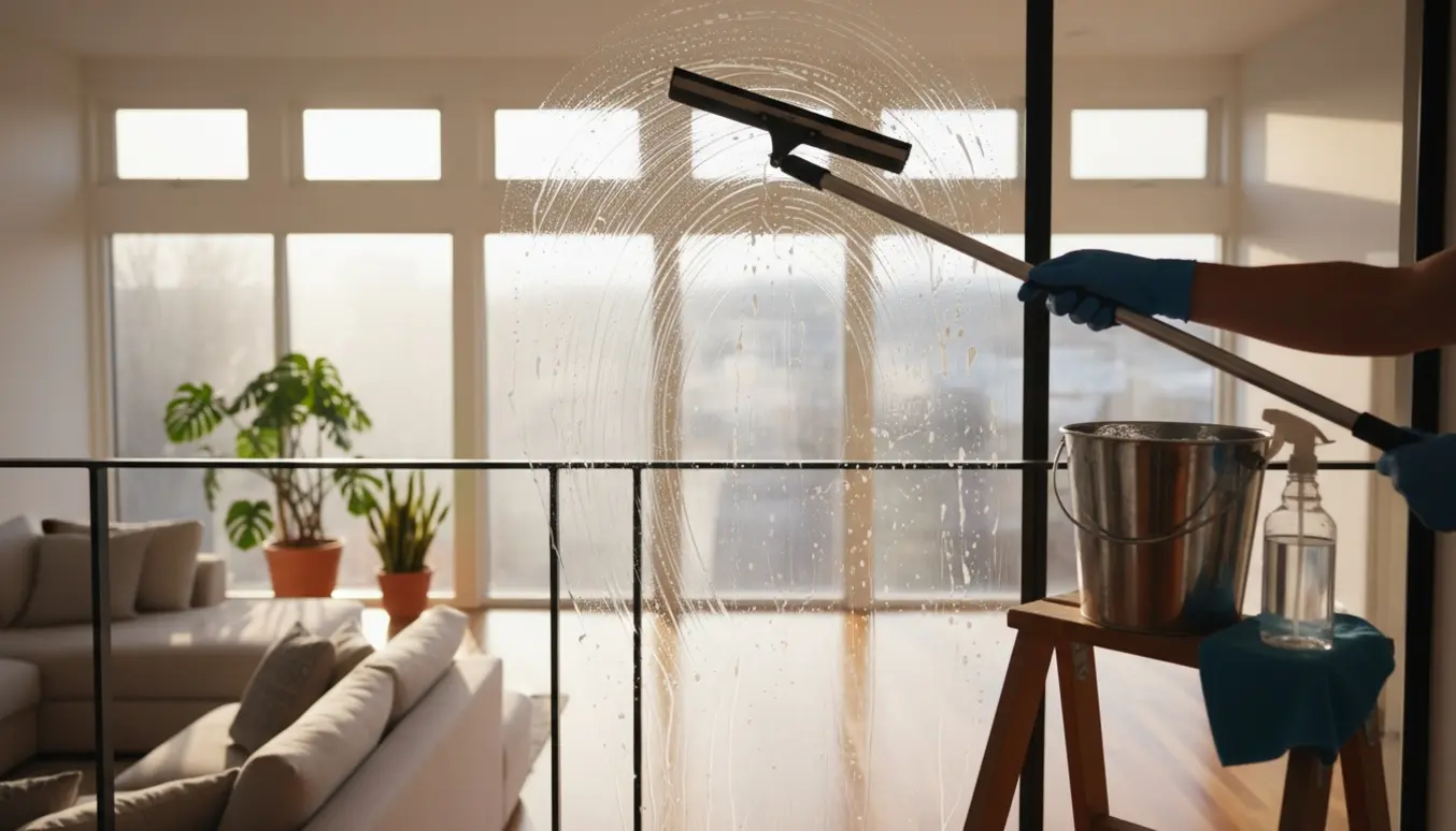 En person pudser store og små vinduer i en hævet stue/mezzanin med vindueskraber, spand og microfiberklud.