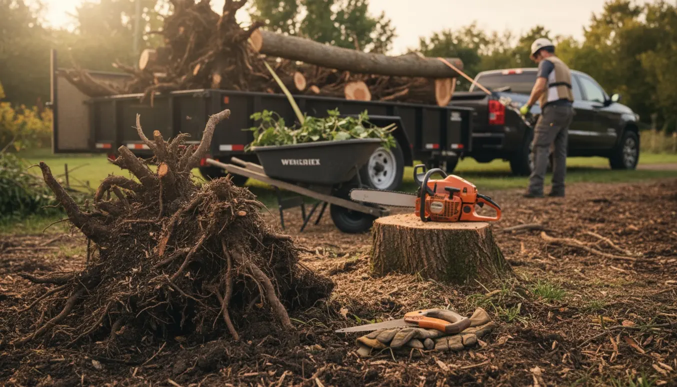 Friskgravede trærødder og haveaffald ved en trailer og motorsav klar til bortskaffelse.