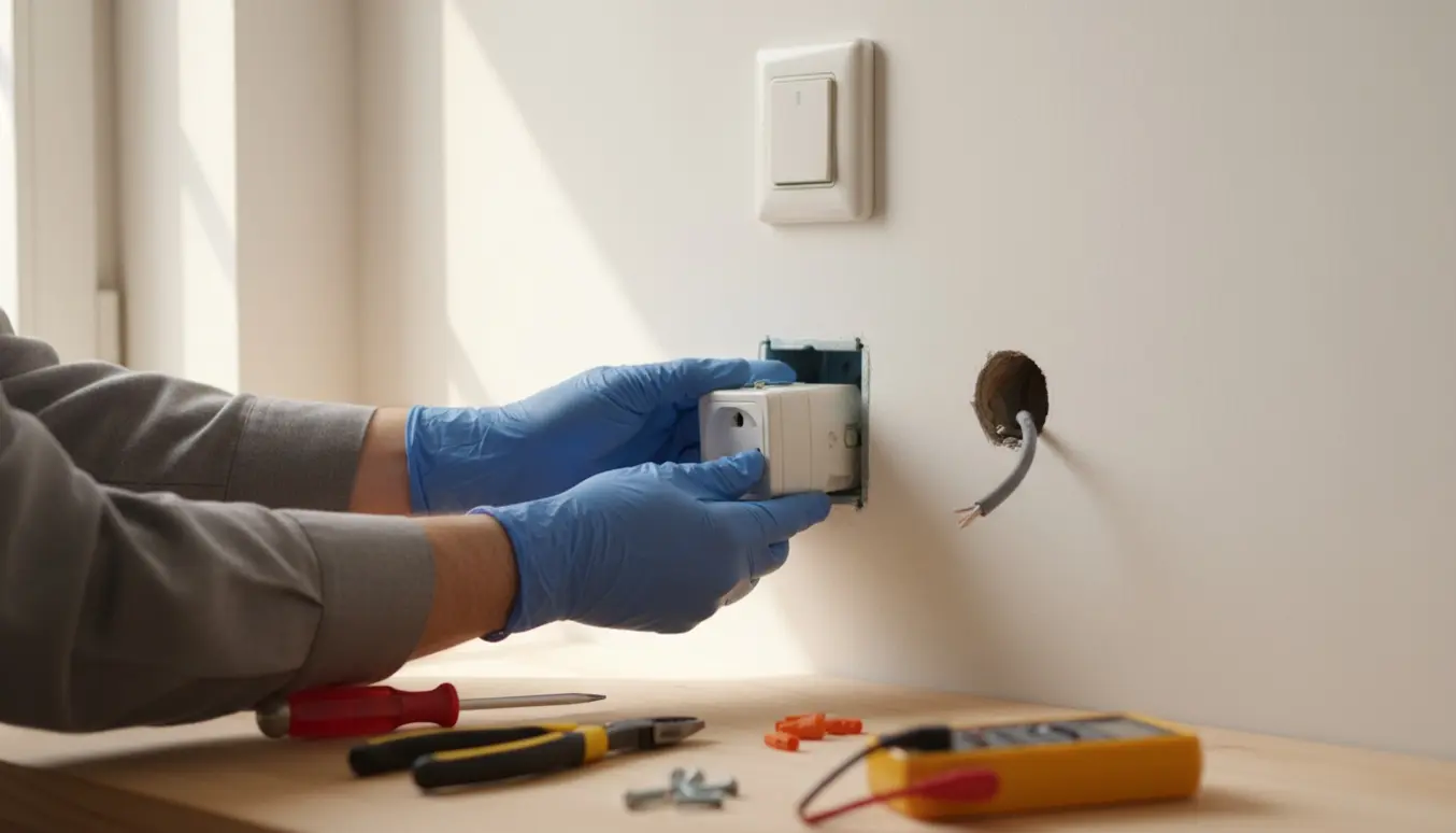Nærbillede af hænder, der monterer en stikkontakt under en afbryder med et gammelt telefonkabel i væggen.