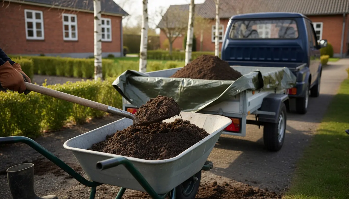 Trillebør og trailer fyldt med havejord, klar til bortkørsel foran et hus i Hørsholm.