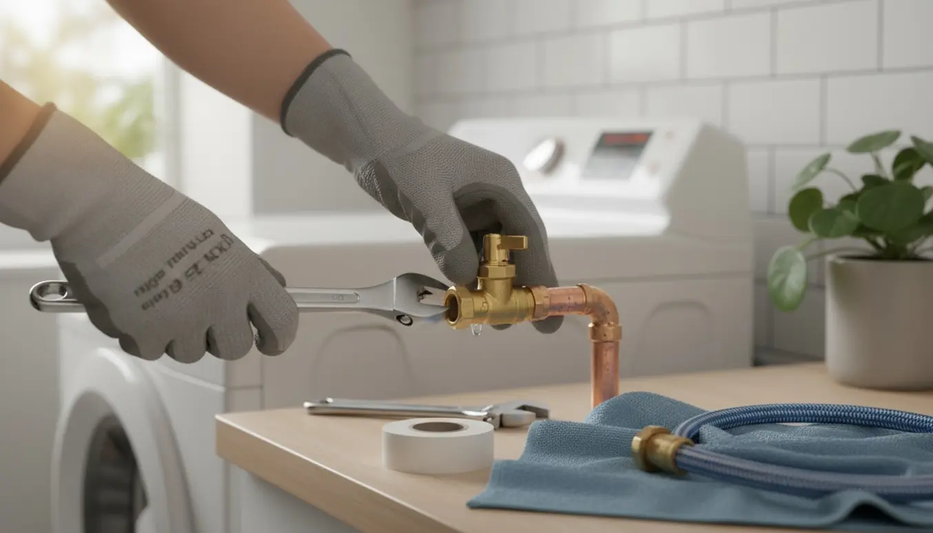 Nærbillede af hænder, der installerer en ny vandventil til vaskemaskine med skiftenøgle og flexslange i et lyst bryggers.