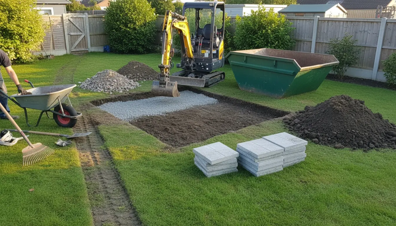 Minigraver fjerner stabilgrus og jord fra en ryddet 3 m² terrasse med stablede fliser og separate jord- og gruspile klar til afhentning.