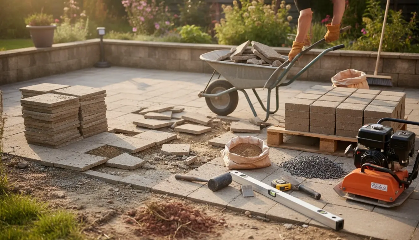 Terrasse under renovering med gamle fliser prydeligt fjernet og nye fliser stablet klar.