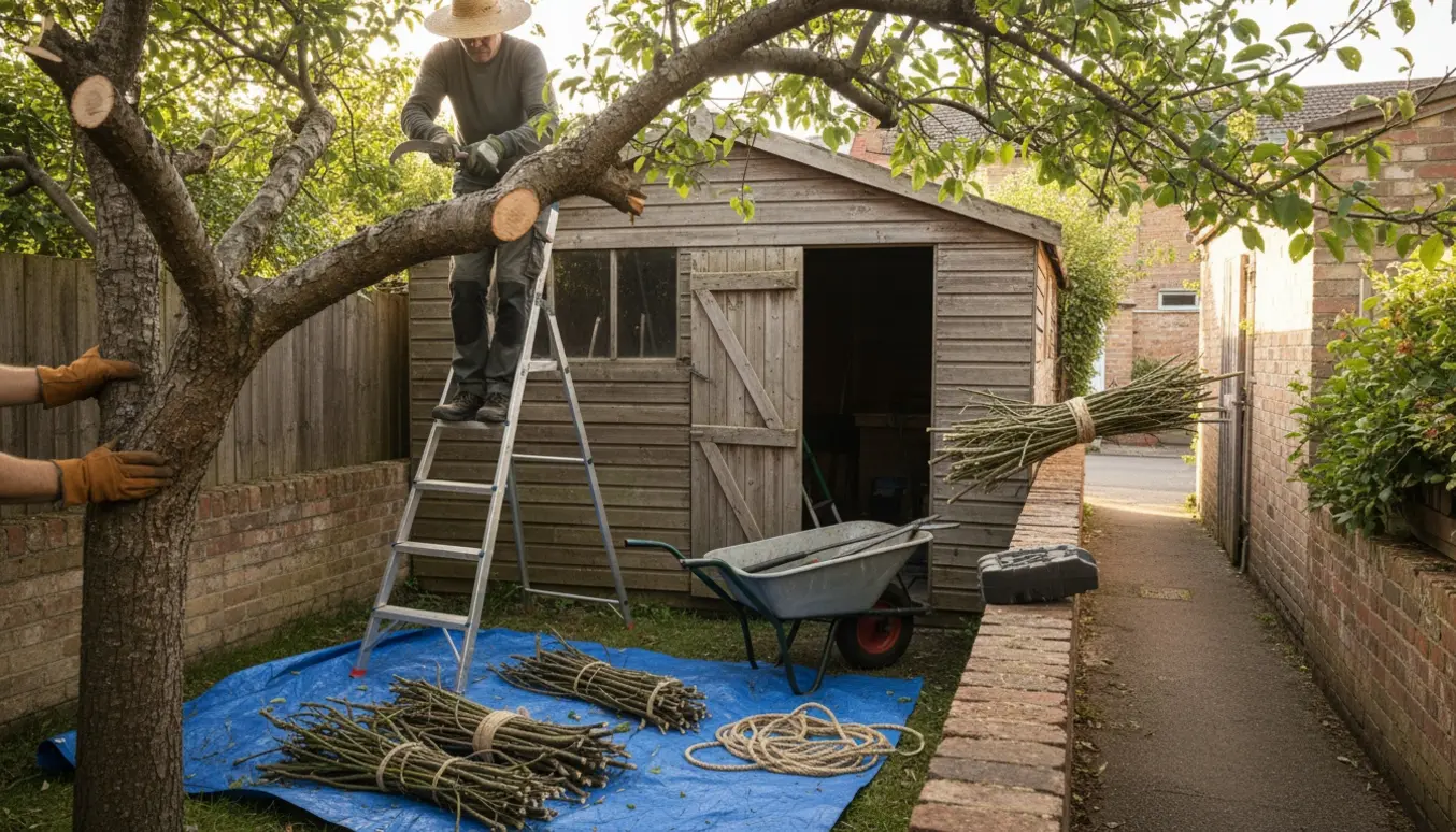 Arbejdshænder løfter beskårne trægrene over en lav mur ved et skur, klar til bortskaffelse.