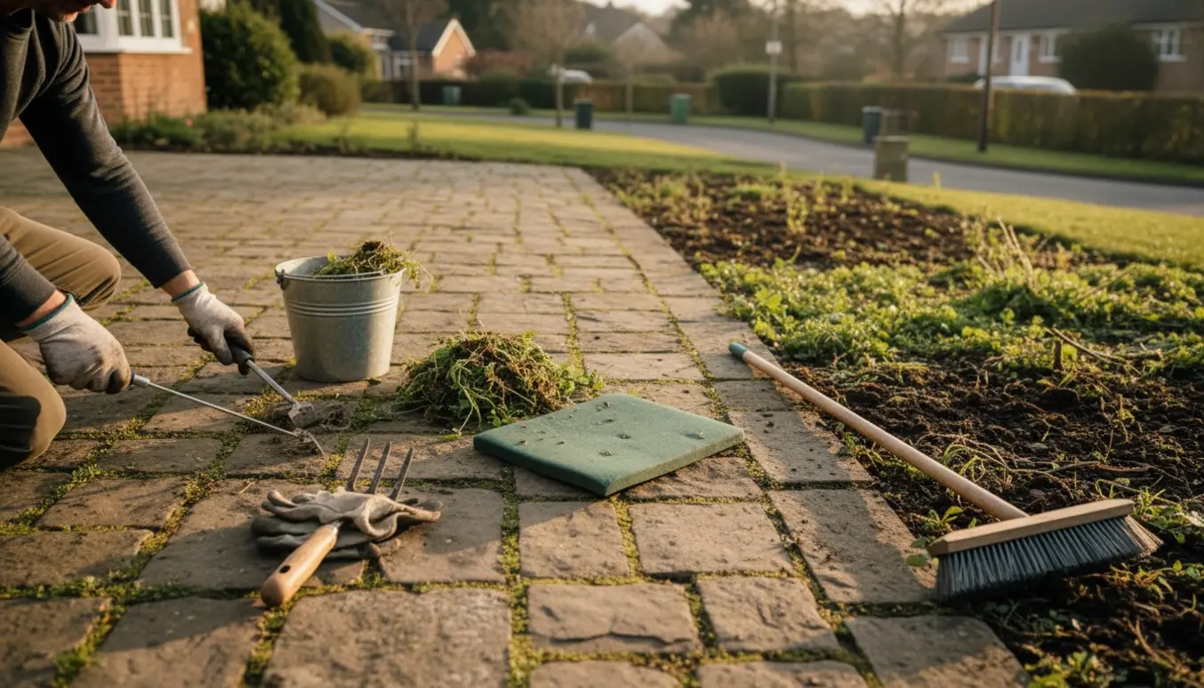 Nærbillede af handskerede hænder, der fjerner ukrudt mellem belægningssten ved indkørsel og terrasse med redskaber og opsamlet ukrudt i en spand.
