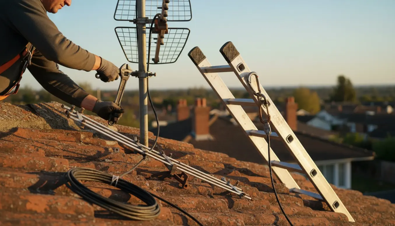 Person i sikkerhedssele fjerner tv-antenne fra et hus tag med værktøj.