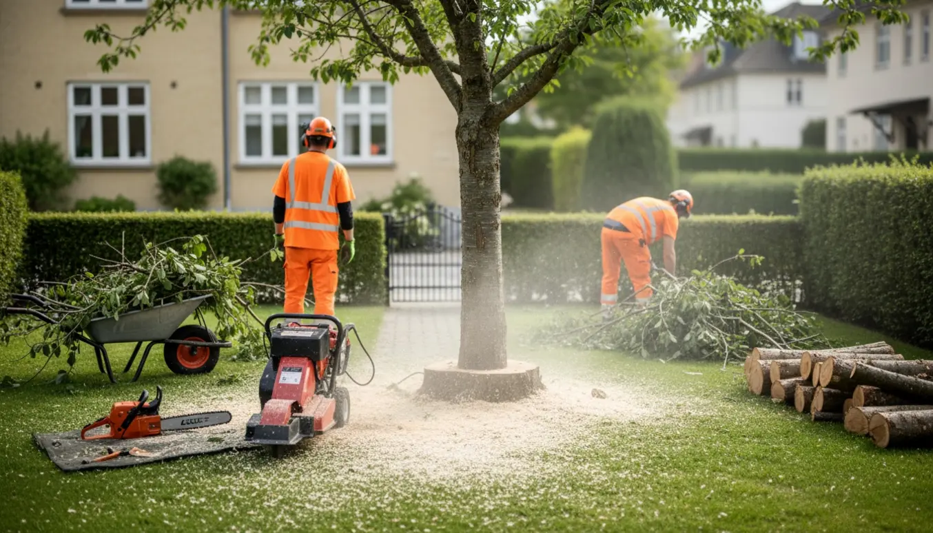 Fældning og rodfræsning af et kirsebærtræ i en forhave med åben port og træflis på græsset.