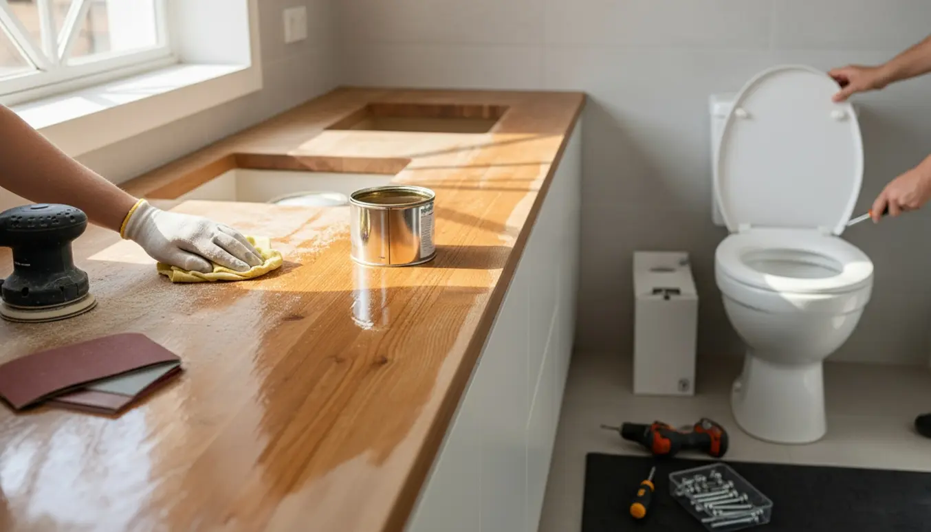 Nærbillede af bordplade, der slibes og olieres, og et nyt toiletbræt klar til montering.