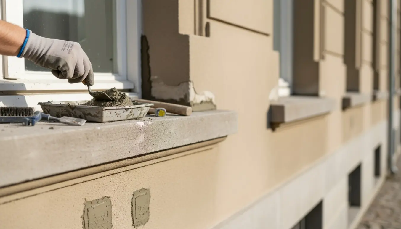 Nærbillede af reparation af sålbænke og punktreparationer i sokkel med mørtel og håndværktøj.