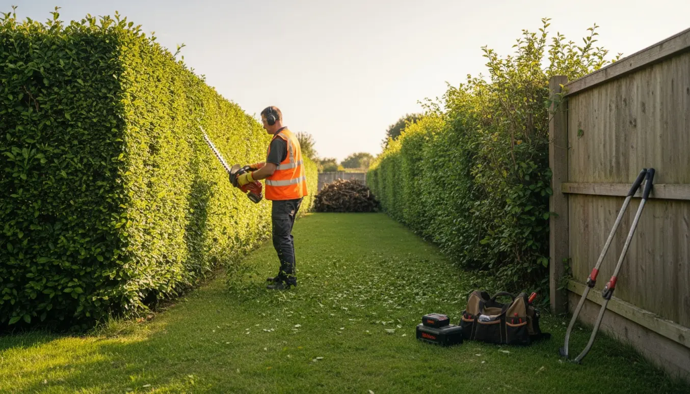 Håndværker klipper en lang dobbeltsidet hæk med trimmer og beskæreredskaber, afskårne grene ligger på kompostbunken bag i haven.