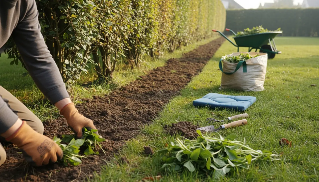 En person fjerner ukrudt langs en lang hæk i haven med handske og haveredskaber.
