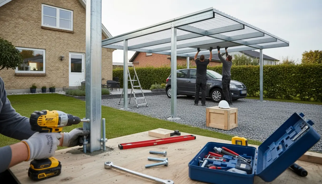 Montering af en enkelt stålcarport ved en dansk villa med håndværkere og værktøj.