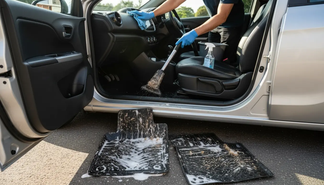 Indvendig rengøring af en beskidt bil med udtagne måtter, hvor hænder støvsuger og skrubber måtter på en solbelyst indkørsel.