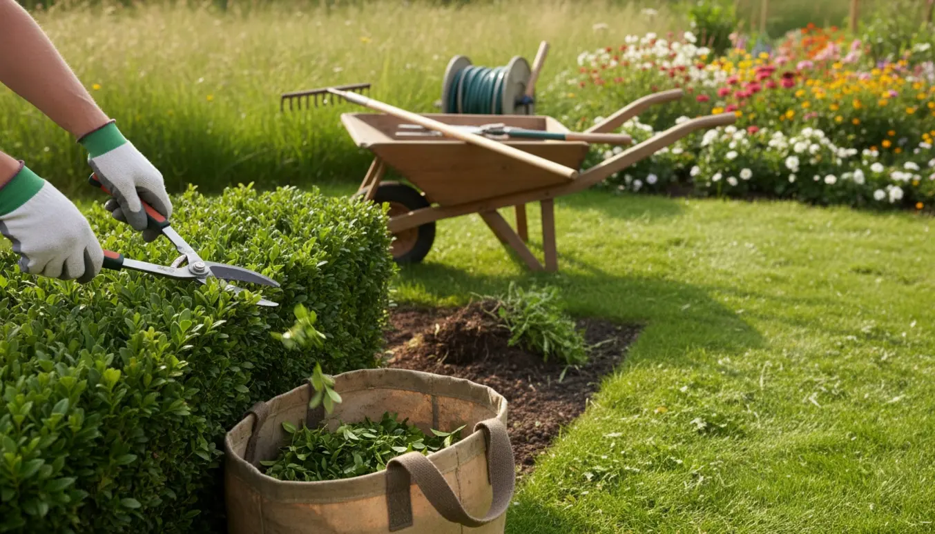 Nærbillede af en gartner uden synligt ansigt, der beskærer en hæk ved siden af nyslået græs og opsamlet ukrudt.