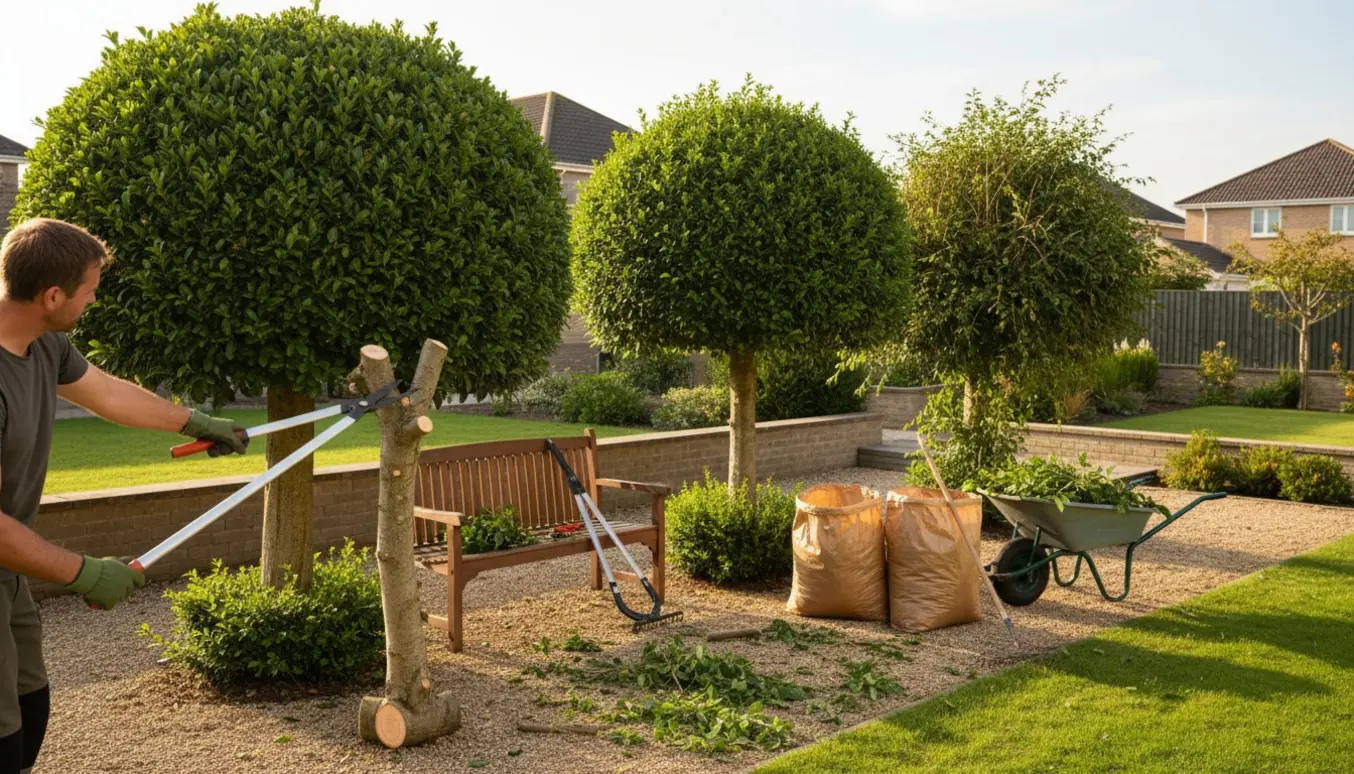 Tre cirka to meter høje buske bliver beskåret, og afklippet samles i en havetrillebør.