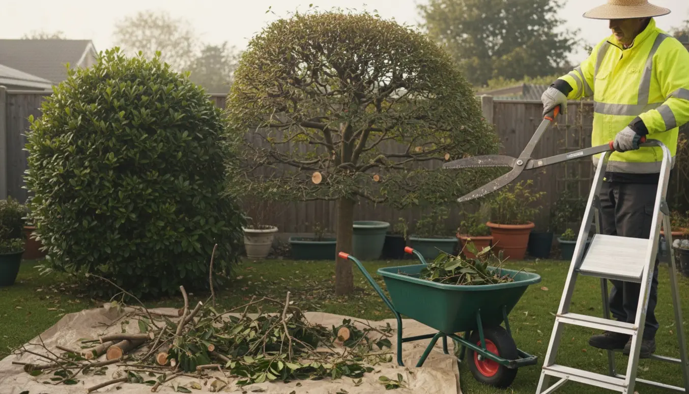 Havearbejder beskærer et træ og klipper en busk, med afskårne grene samlet i en trillebør og på en presenning.