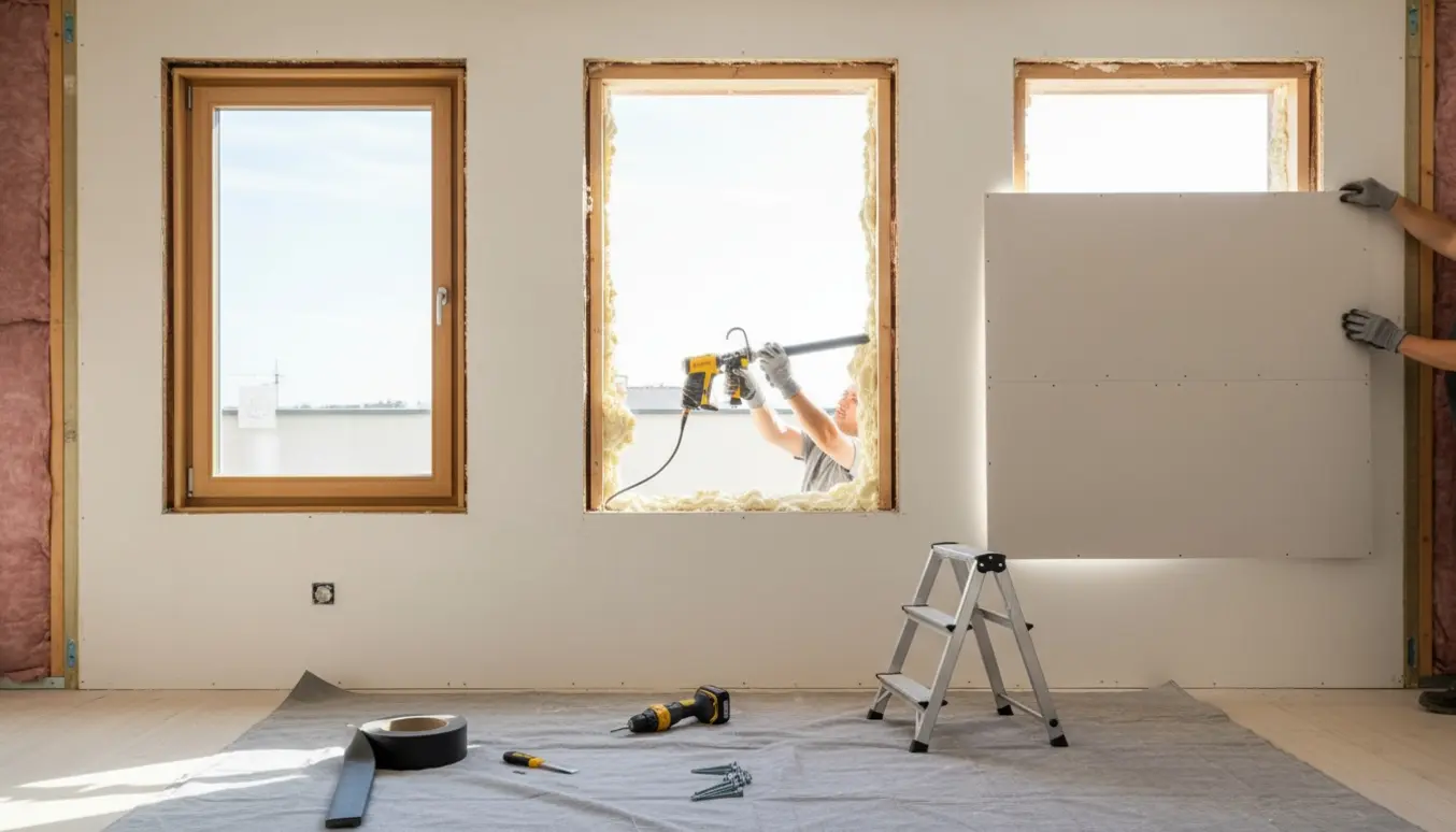 Tre vinduespartier udskiftes indendørs med isolering, monteringsskum og gips i lysningen.