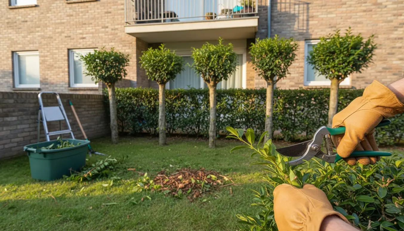 Nærbillede af beskæring af seks hække i en lille stuelejligheds have med åbent affaldscontainer og beskæringsredskaber.