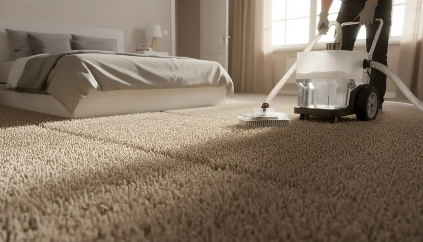 Kompakt tæpperenser i brug på et tæt luvtæppe i et lille værelse, mens sengen står på plads.