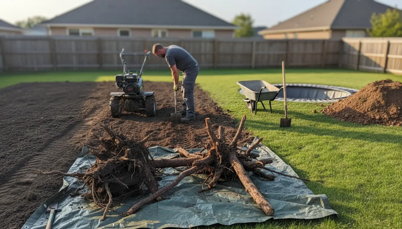 Havearbejde med opgravede rødder, fræset jord og et rundt hul til en nedgravet trampolin.