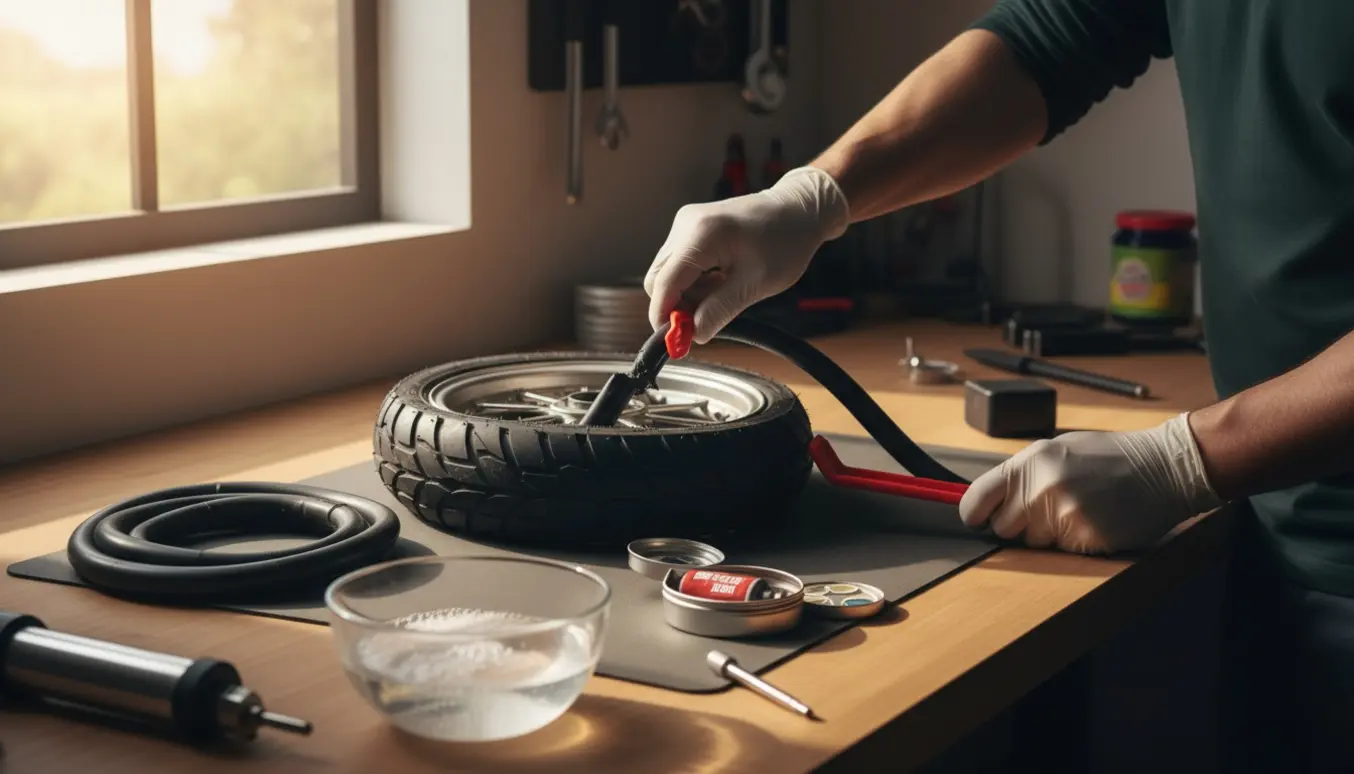 Forhjul fra en løbehjul med punkteret slange bliver repareret på et værksted med dækjern og pumpe.