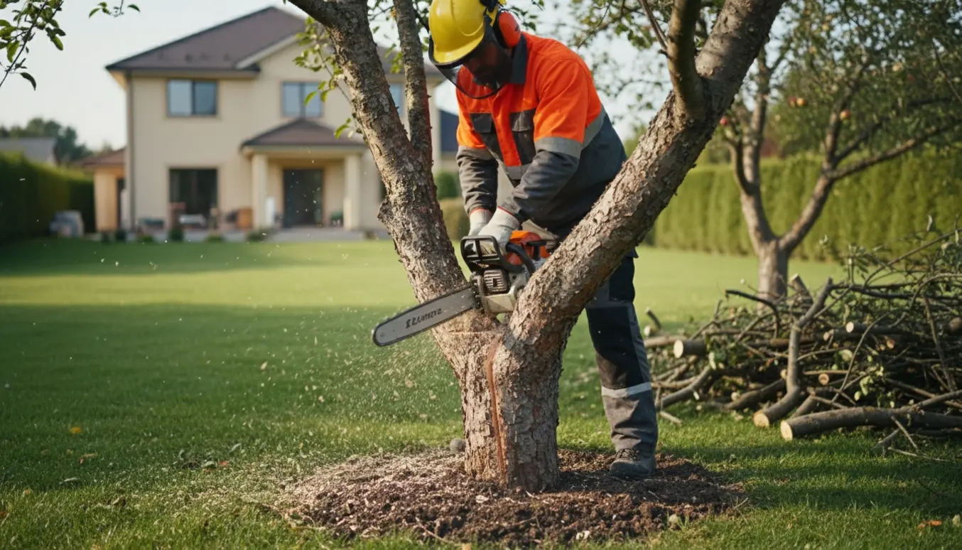 Person saver en æbletræstamme ned til en lav pælerest i en ryddet baghave med motorsav og frisk savsmuld.