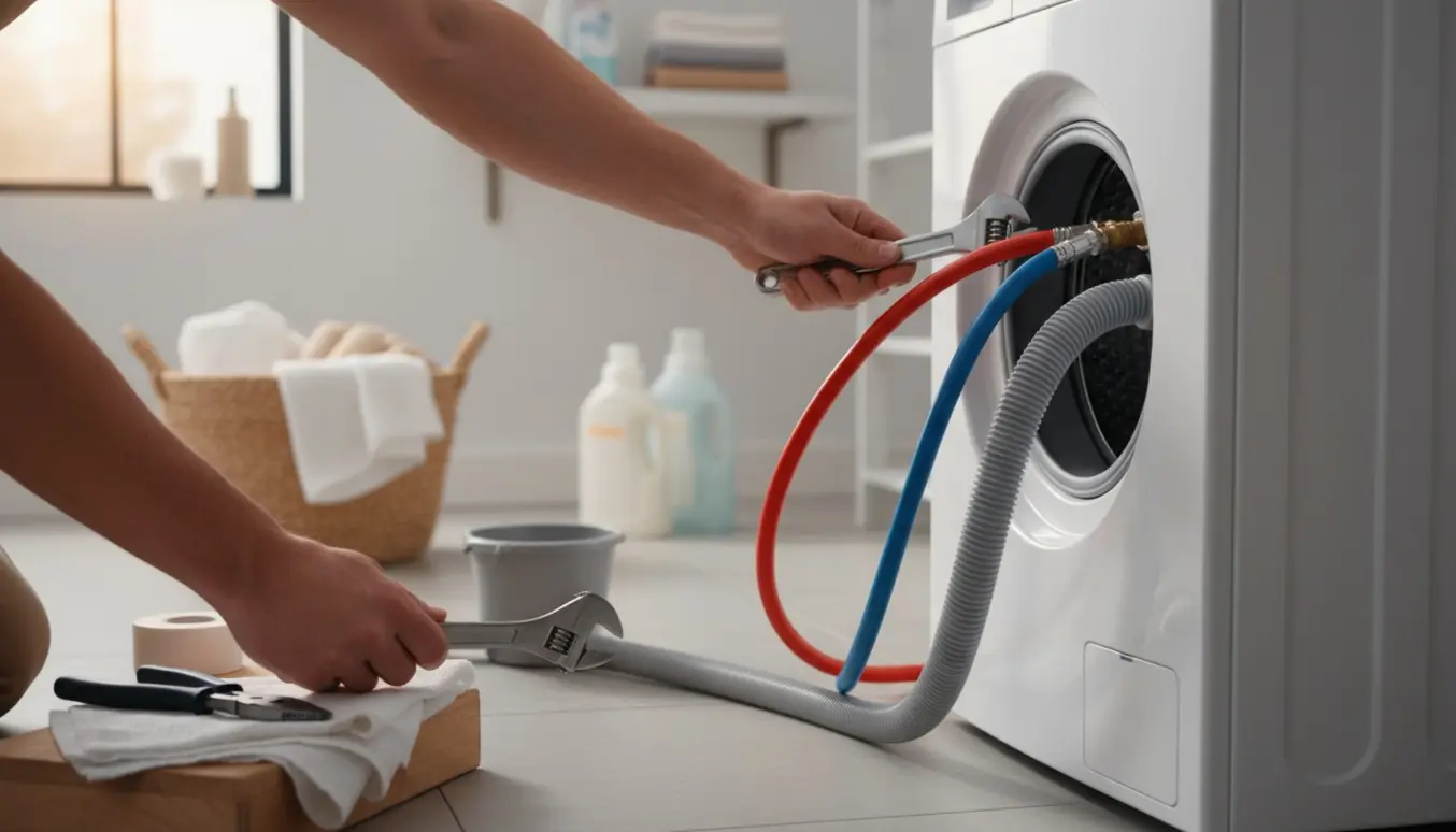 Hænder forbinder vand- og afløbsslanger til en moderne frontbetjent vaskemaskine i et lyst vaskerum.