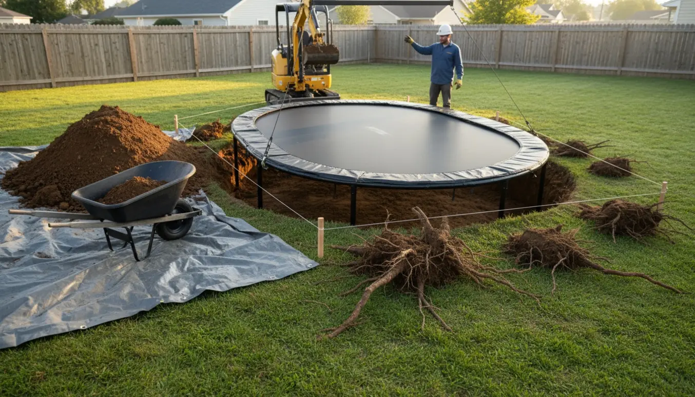Oval trampolin sænkes ned i et udgravet hul i haven med jordbunker, eksponerede rødder og værktøj.