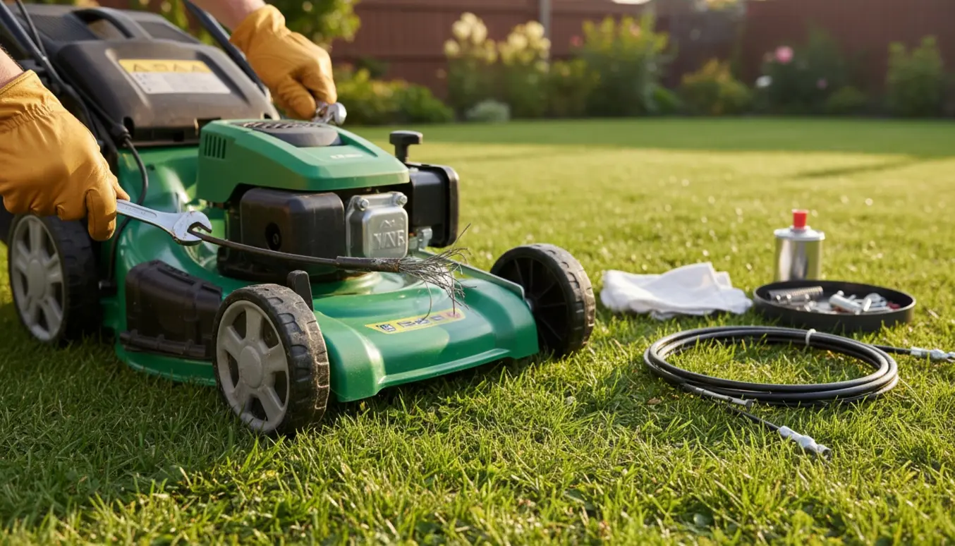 Nærbillede af plæneklipper med flosset fremføringskabel og værktøj klar til reparation.