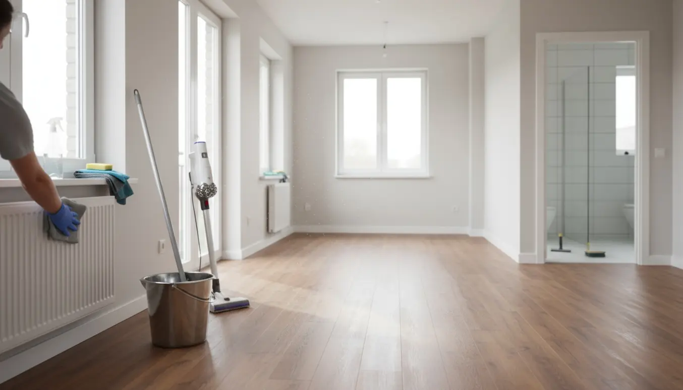 Soloplyst, nyrengjort førstesals lejlighed med moppe, spand og støvsuger i fokus.