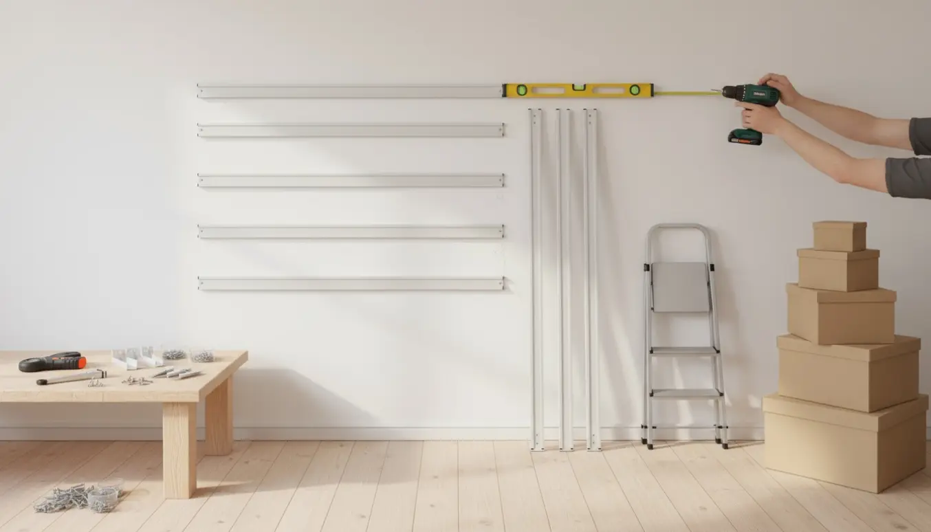 Hænder monterer et væghængt reolsystem med seks lange skinner på en hvid væg.