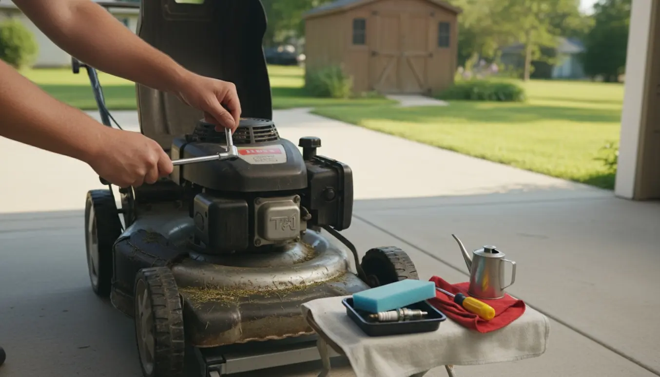 Hænder inspicerer en brugt plæneklipper på indkørslen med værktøj og reservedele klar.