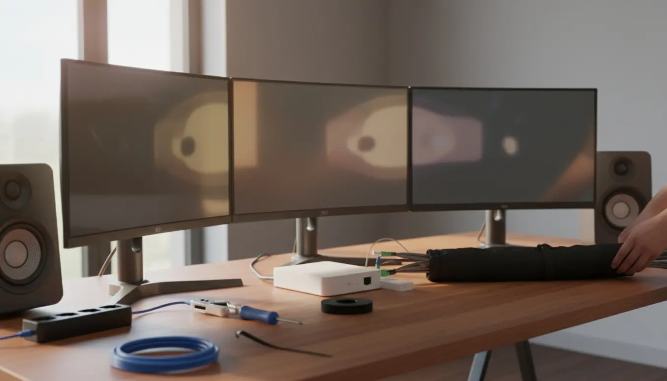 Opsætning af arbejdsstation med tre skærme, højttalere og fiberforbindelse.