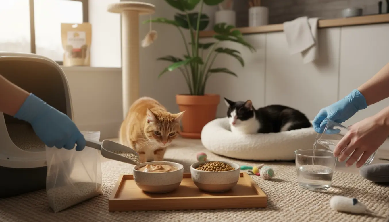 Indendørs kattepasning med hænder, der fylder mad og renser kattebakken i en solbeskinnet lejlighed.