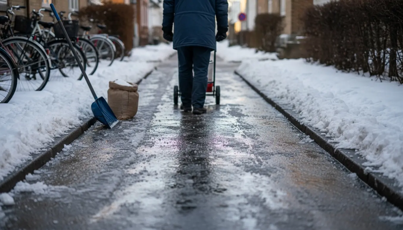 Fortov på ca. 20 meter bliver ryddet og saltet i et dansk villakvarter om vinteren.