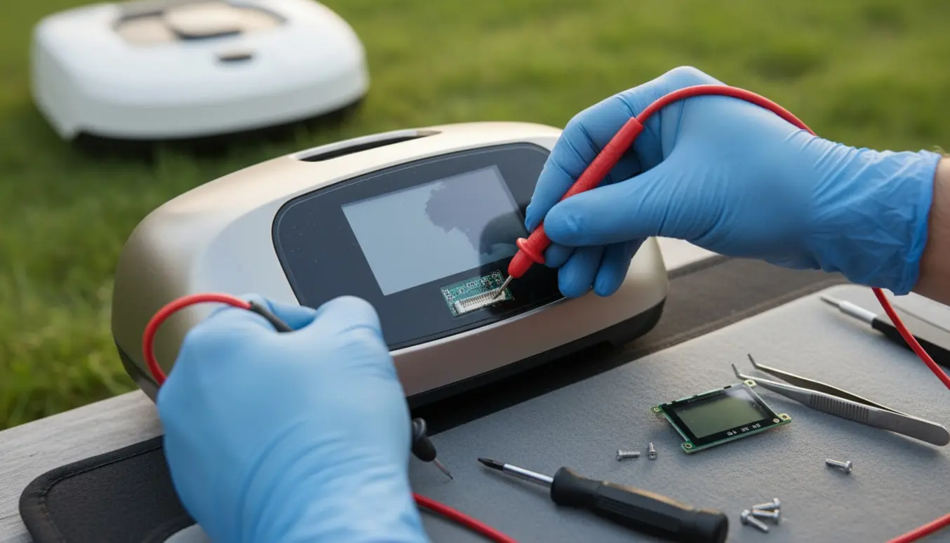 Nærbillede af en robotplæneklipper med defekt, delvist oplyst display mens en tekniker arbejder med multimeter og reservedele.