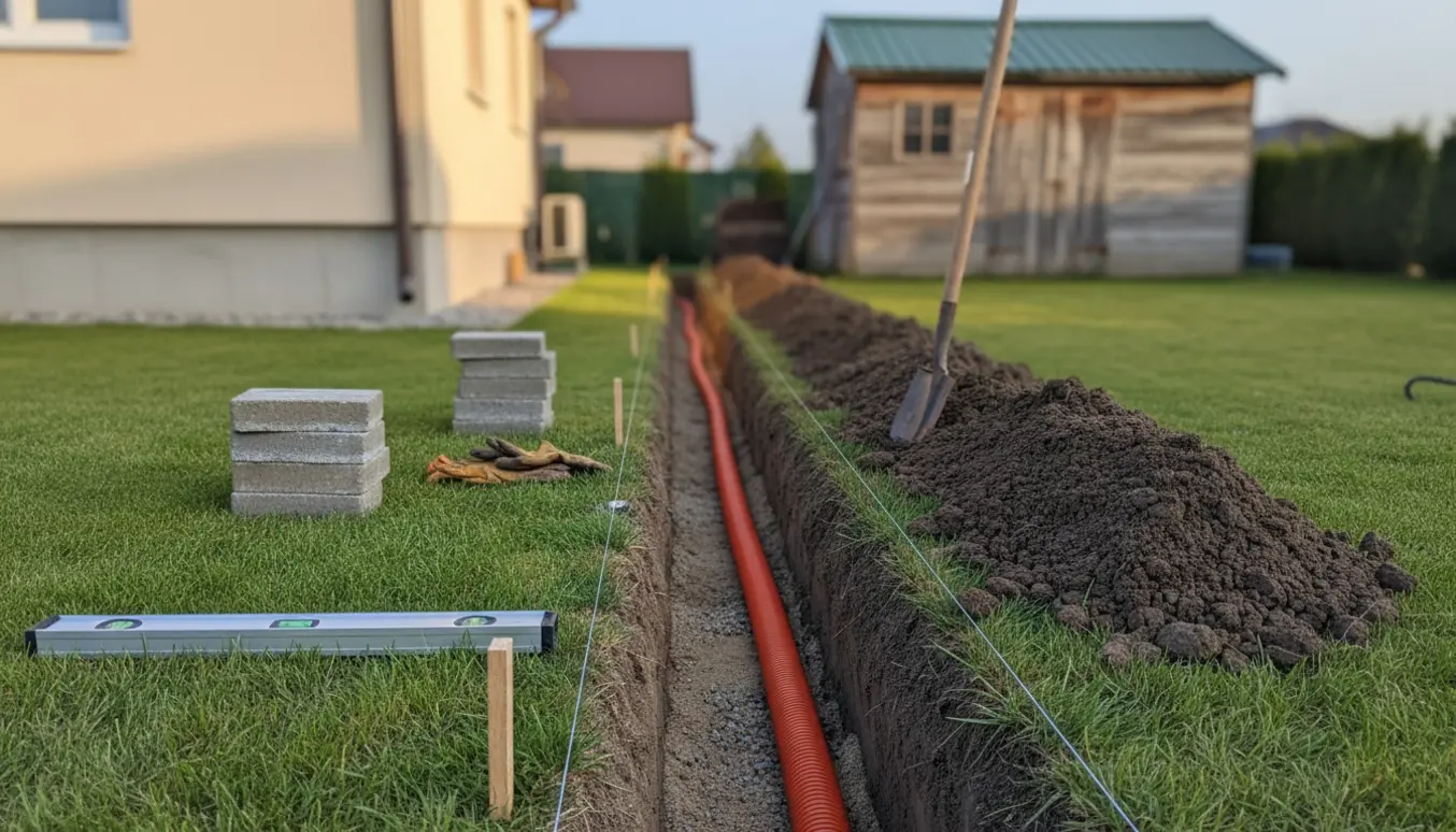 En lige rende gravet fra husets sokkel til skur med jordbunker, beskyttelsesrør og otte opstablede fliser ved siden af.